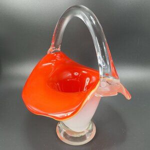 Vintage 1980s Venetian Art Glass Basket Bowl With Handle Red White Art Glass VTG